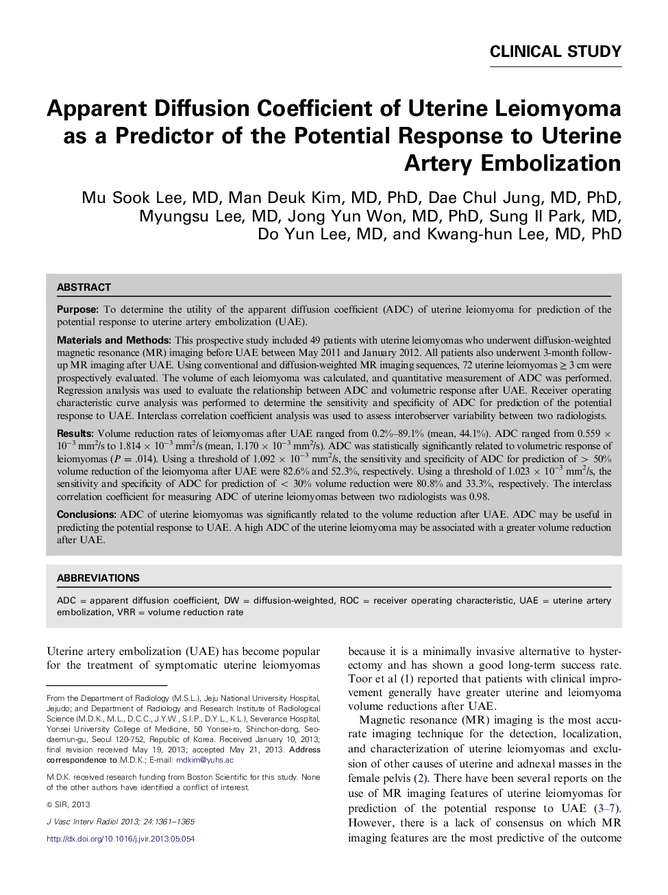 Apparent Diffusion Coefficient of Uterine Leiomyoma as a Predictor of the Potential Response to Uterine Artery Embolization