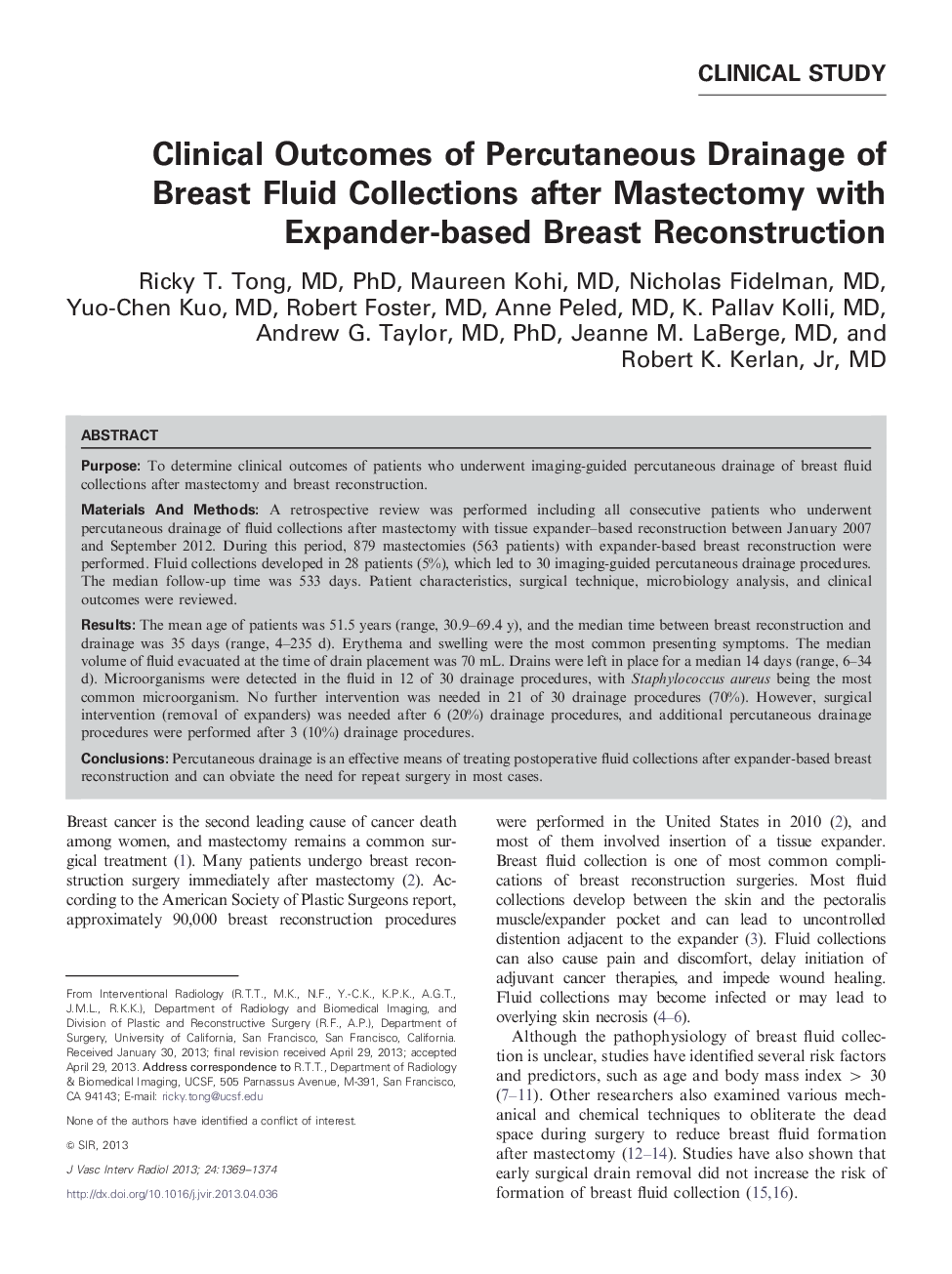 Clinical Outcomes of Percutaneous Drainage of Breast Fluid Collections after Mastectomy with Expander-based Breast Reconstruction