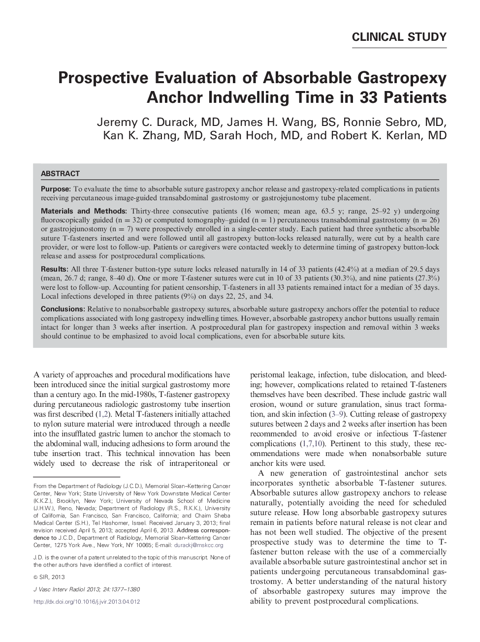 عکس صفحه اول مقاله: Prospective Evaluation of Absorbable Gastropexy Anchor Indwelling Time in 33 Patients Prospective Evaluation of Absorbable Gastropexy Anchor Indwelling Time in 33 Patients