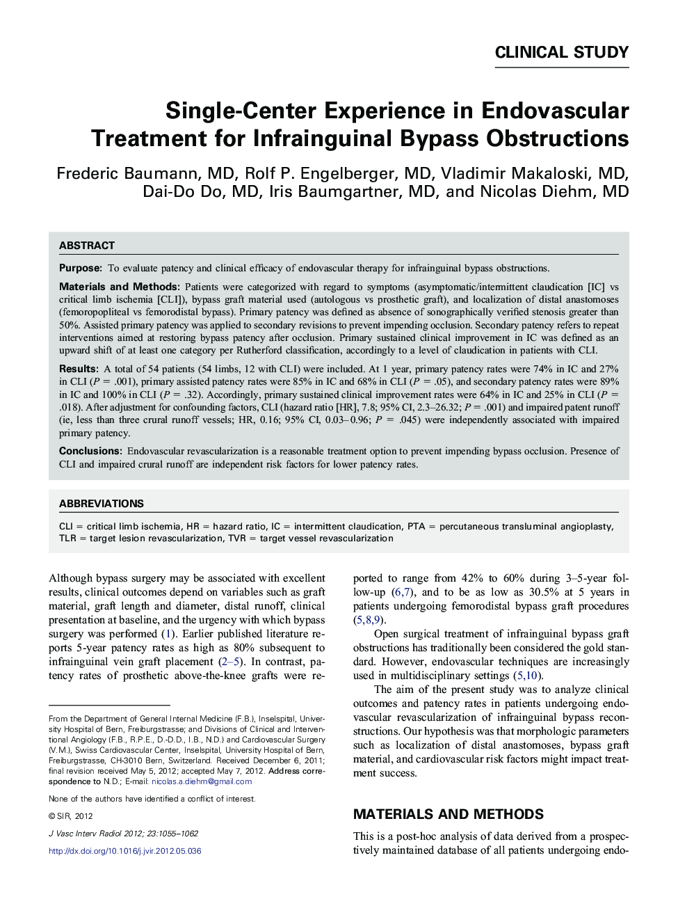 Single-Center Experience in Endovascular Treatment for Infrainguinal Bypass Obstructions
