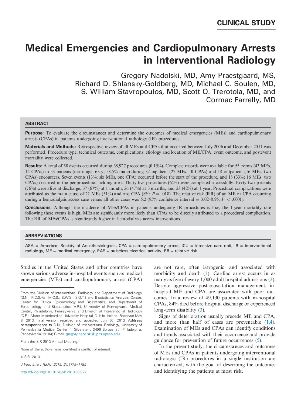 Medical Emergencies and Cardiopulmonary Arrests in Interventional Radiology