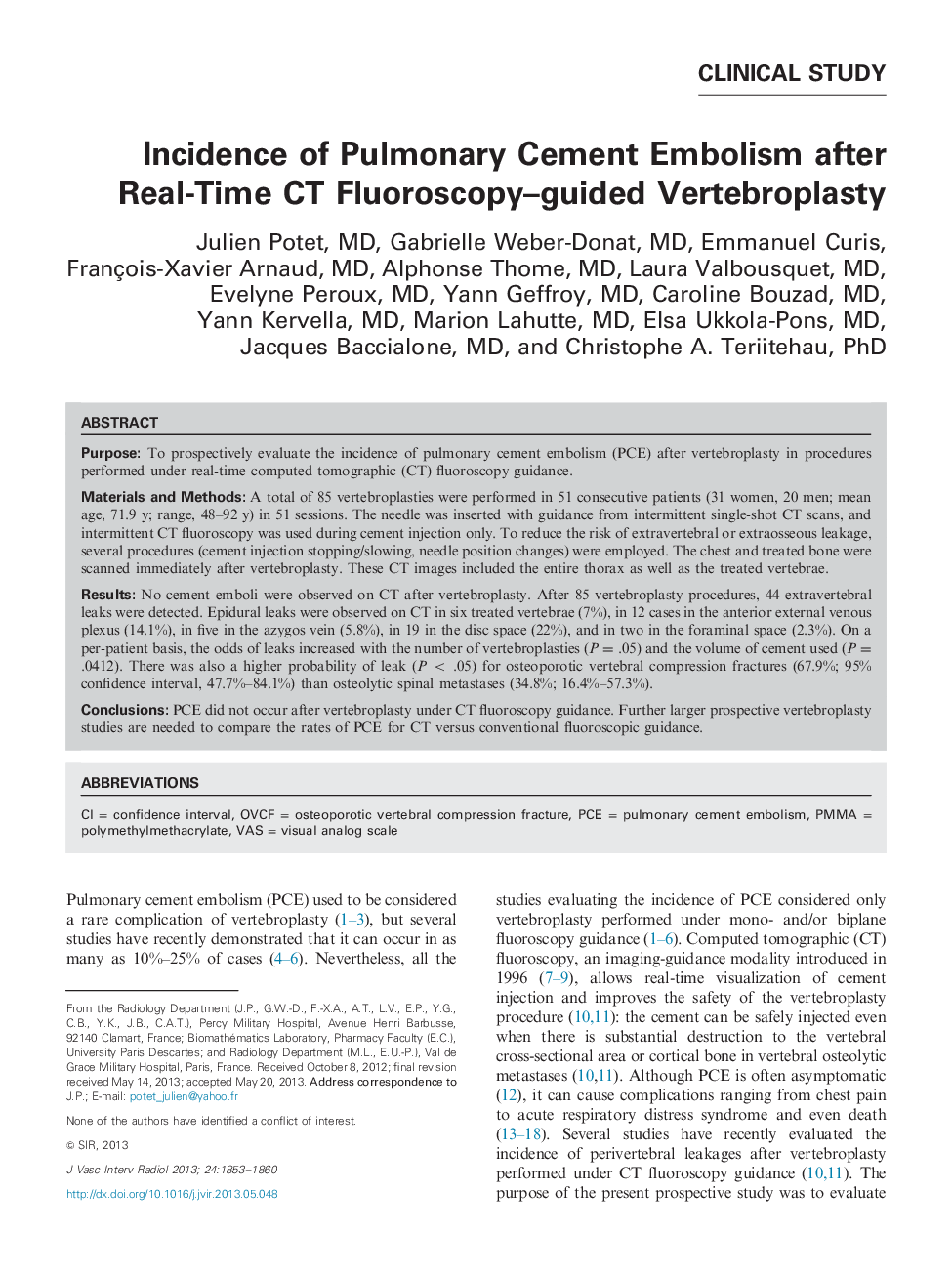 Incidence of Pulmonary Cement Embolism after Real-Time CT Fluoroscopy-guided Vertebroplasty