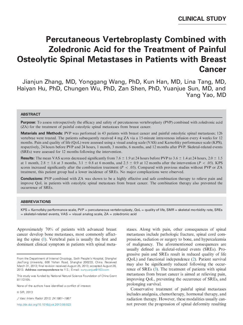 Percutaneous Vertebroplasty Combined with Zoledronic Acid for the Treatment of Painful Osteolytic Spinal Metastases in Patients with Breast Cancer