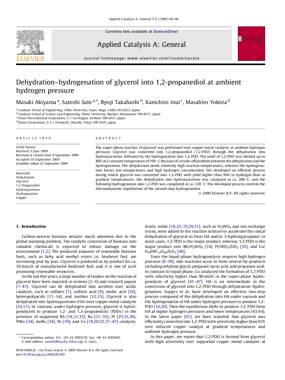 Dehydration–hydrogenation of glycerol into 1,2-propanediol at ambient hydrogen pressure