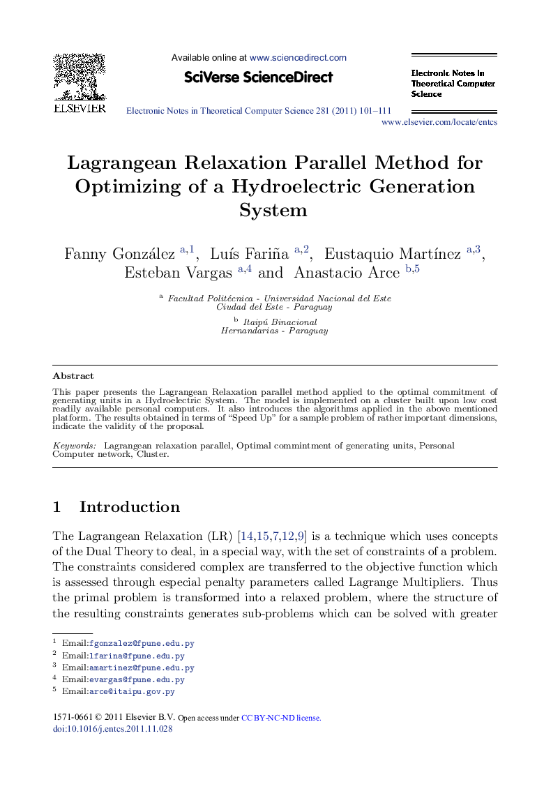 Lagrangean Relaxation Parallel Method for Optimizing of a Hydroelectric Generation System
