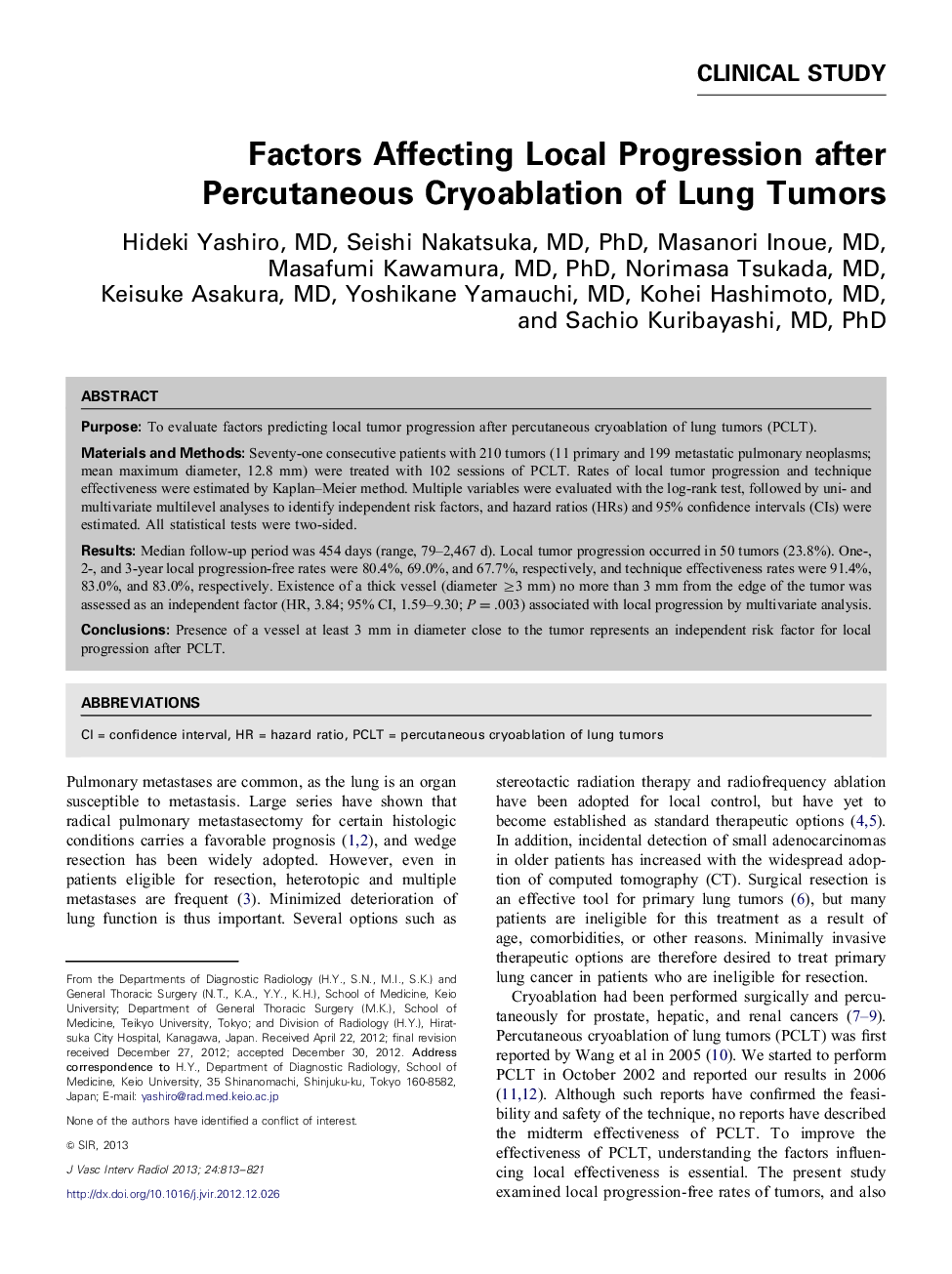 Factors Affecting Local Progression after Percutaneous Cryoablation of Lung Tumors