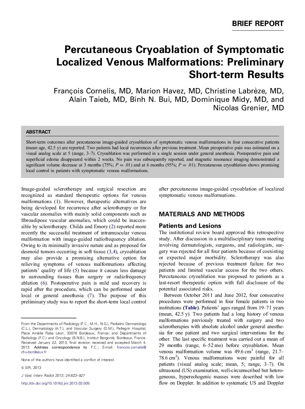 Percutaneous Cryoablation of Symptomatic Localized Venous Malformations: Preliminary Short-term Results