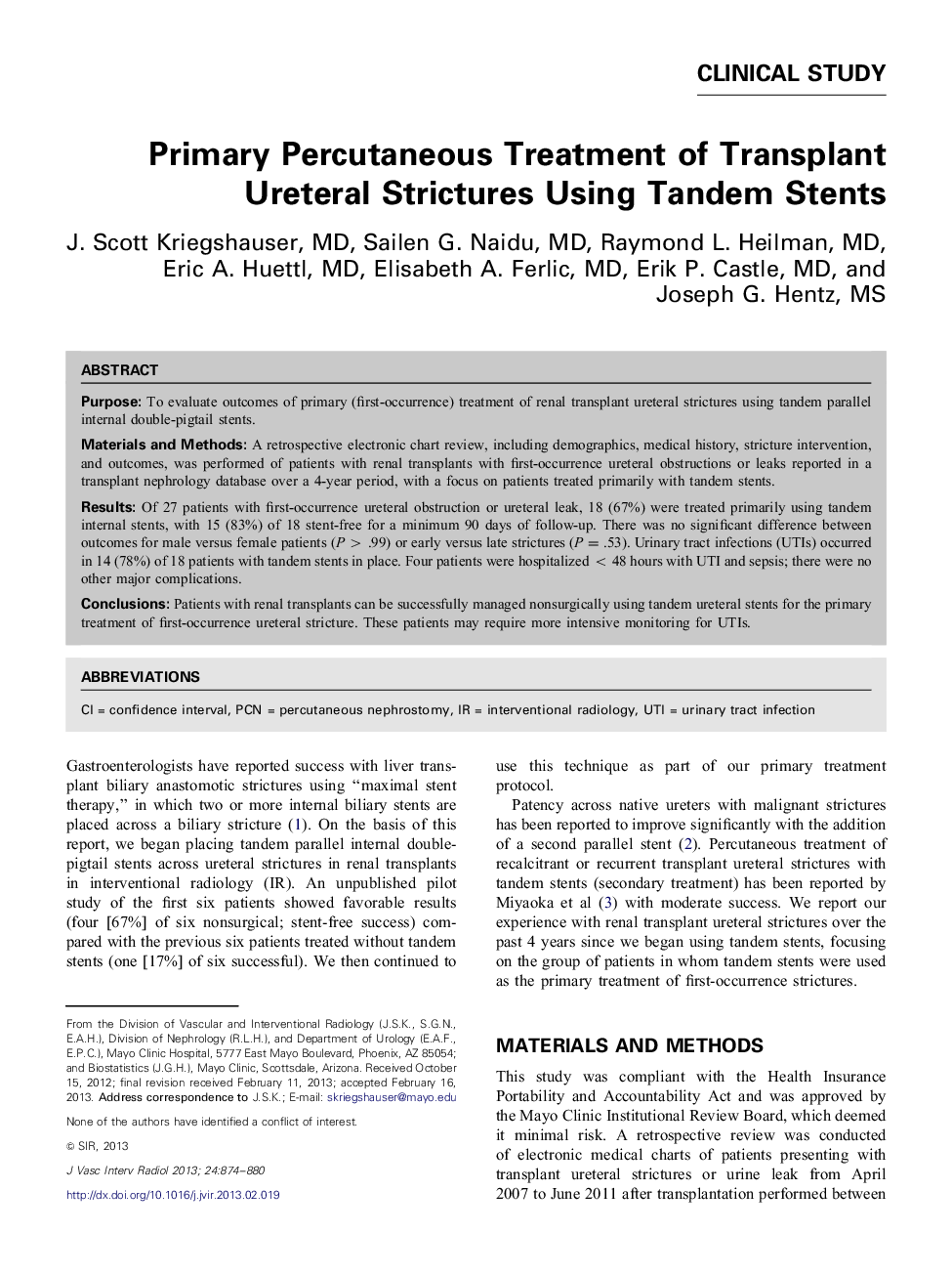 Primary Percutaneous Treatment of Transplant Ureteral Strictures Using Tandem Stents