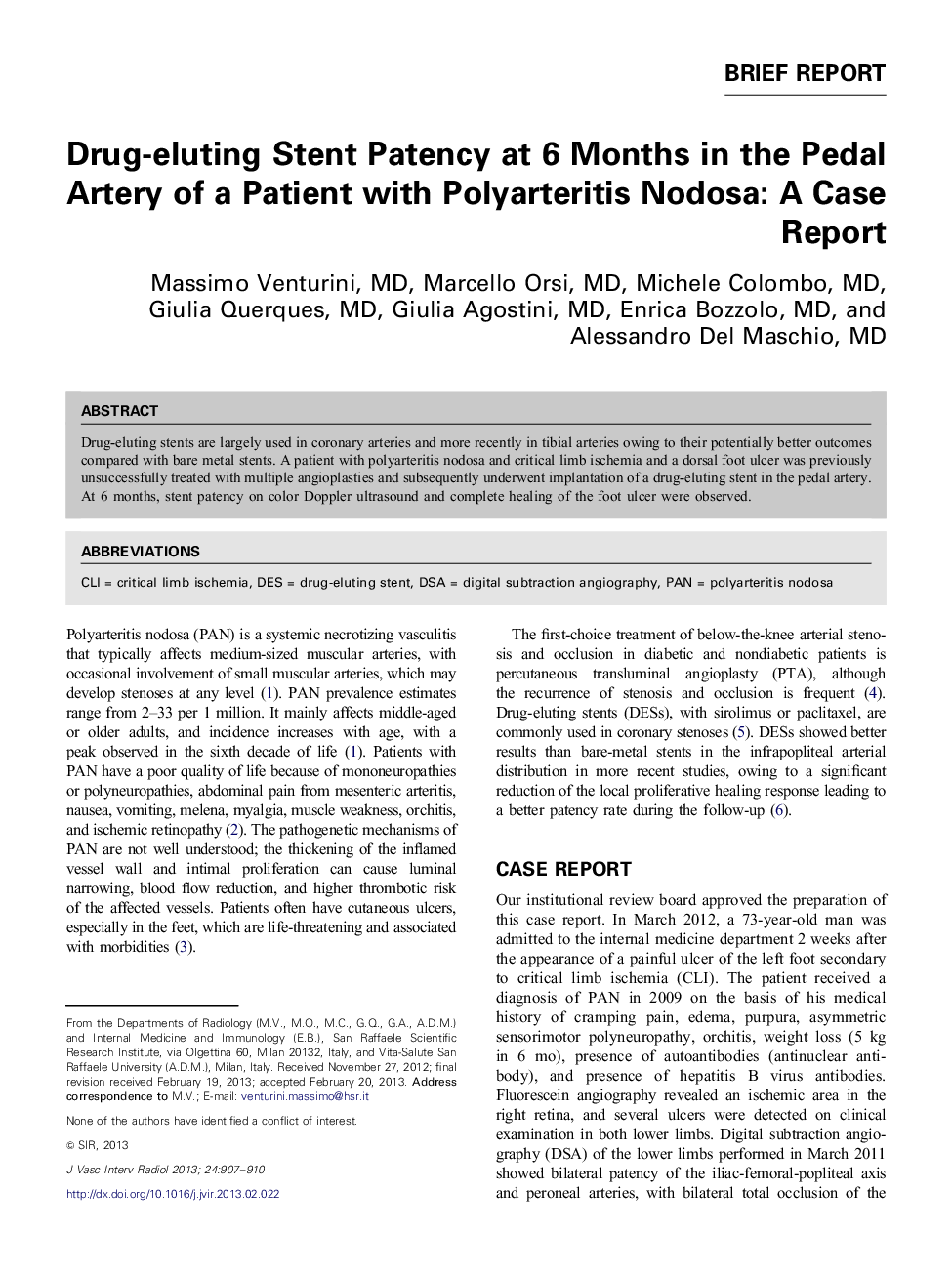 Drug-eluting Stent Patency at 6 Months in the Pedal Artery of a Patient with Polyarteritis Nodosa: A Case Report