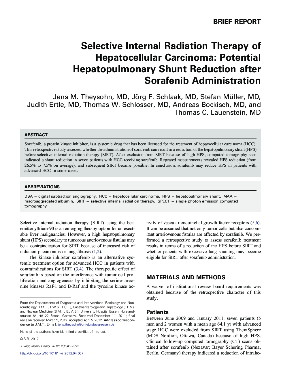 Selective Internal Radiation Therapy of Hepatocellular Carcinoma: Potential Hepatopulmonary Shunt Reduction after Sorafenib Administration