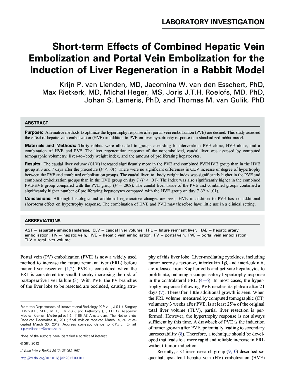 Short-term Effects of Combined Hepatic Vein Embolization and Portal Vein Embolization for the Induction of Liver Regeneration in a Rabbit Model