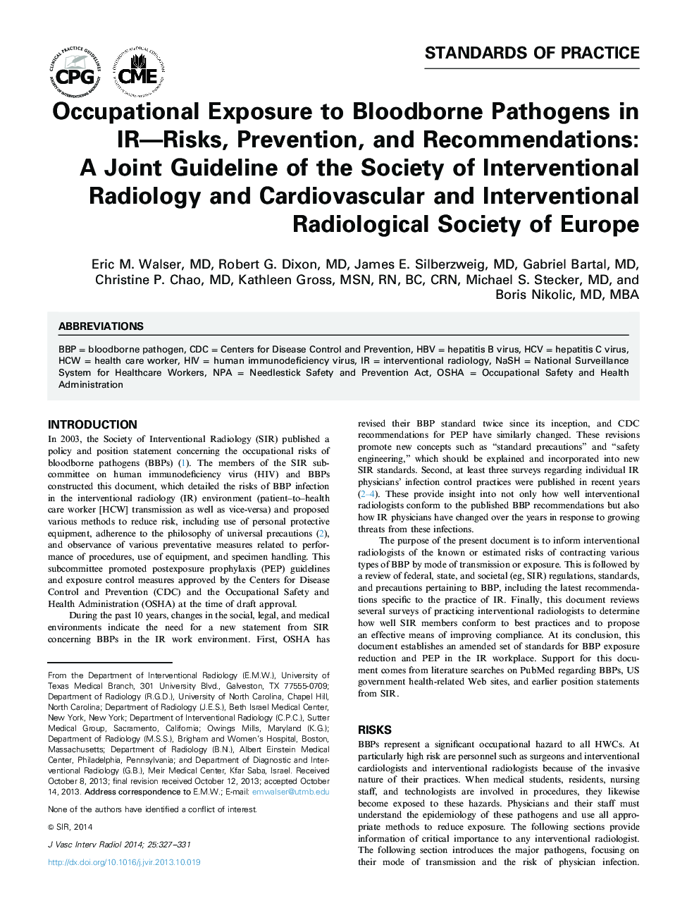 Occupational Exposure to Bloodborne Pathogens in IR-Risks, Prevention, and Recommendations: A Joint Guideline of the Society of Interventional Radiology and Cardiovascular and Interventional Radiological Society of Europe