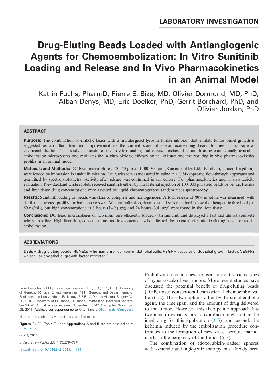 Drug-Eluting Beads Loaded with Antiangiogenic Agents for Chemoembolization: In Vitro Sunitinib Loading and Release and In Vivo Pharmacokinetics in an Animal Model