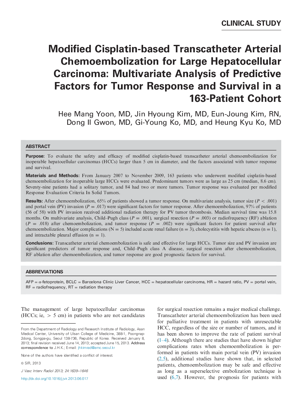 Modified Cisplatin-based Transcatheter Arterial Chemoembolization for Large Hepatocellular Carcinoma: Multivariate Analysis of Predictive Factors for Tumor Response and Survival in a 163-Patient Cohort