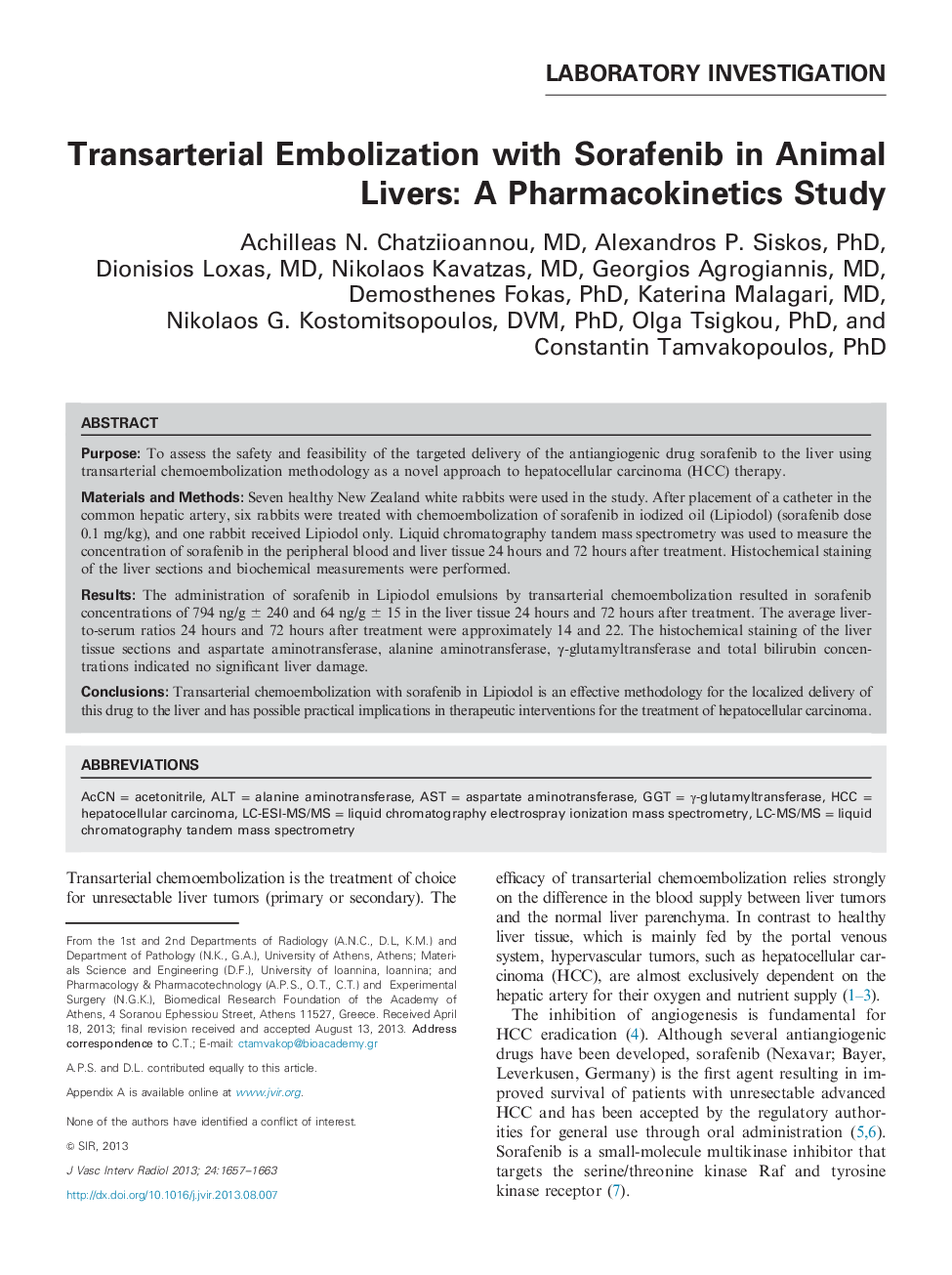 Transarterial Embolization with Sorafenib in Animal Livers: A Pharmacokinetics Study