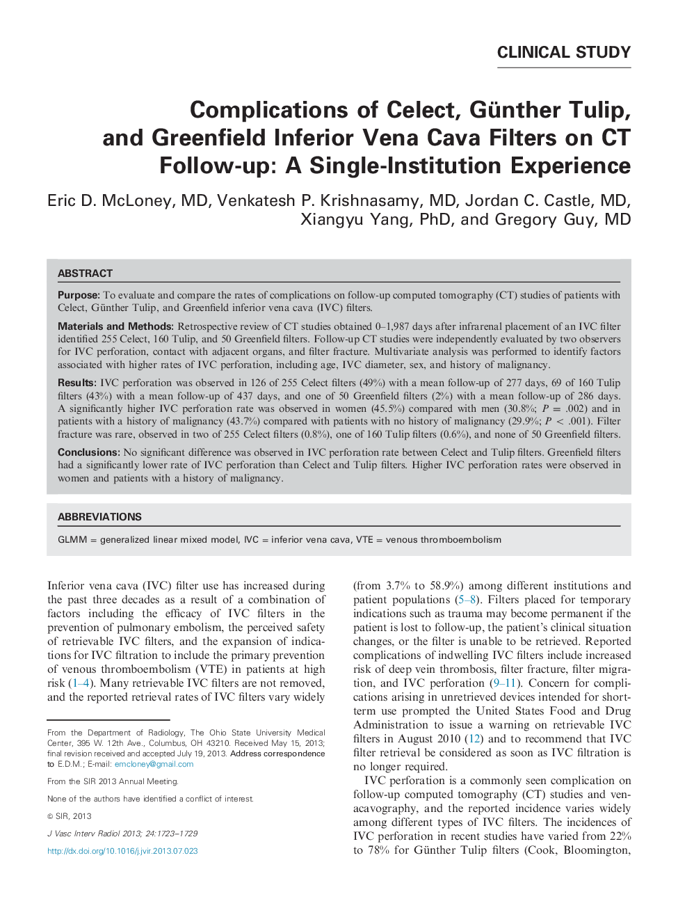 Complications of Celect, Günther Tulip, and Greenfield Inferior Vena Cava Filters on CT Follow-up: A Single-Institution Experience