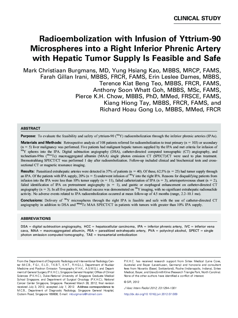 Radioembolization with Infusion of Yttrium-90 Microspheres into a Right Inferior Phrenic Artery with Hepatic Tumor Supply Is Feasible and Safe