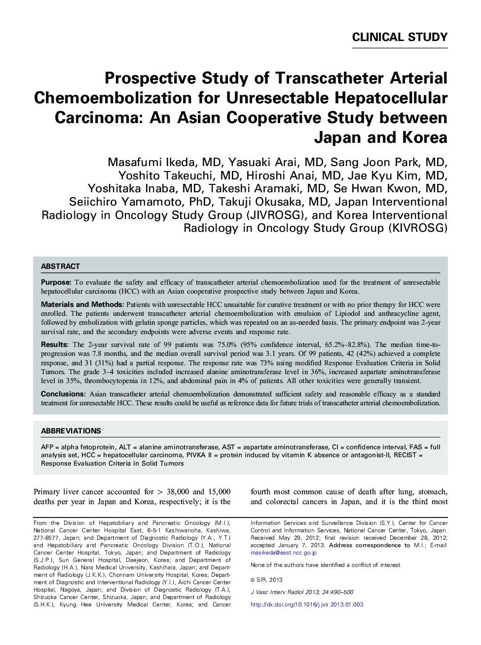 Prospective Study of Transcatheter Arterial Chemoembolization for Unresectable Hepatocellular Carcinoma: An Asian Cooperative Study between Japan and Korea