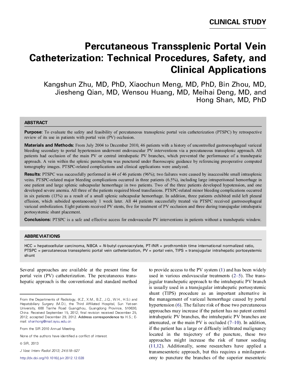 Percutaneous Transsplenic Portal Vein Catheterization: Technical Procedures, Safety, and Clinical Applications