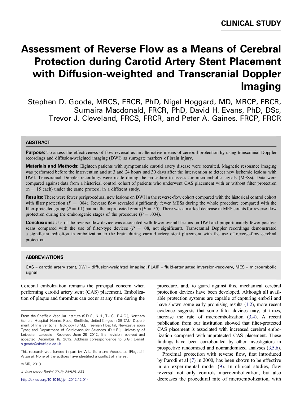 Assessment of Reverse Flow as a Means of Cerebral Protection during Carotid Artery Stent Placement with Diffusion-weighted and Transcranial Doppler Imaging