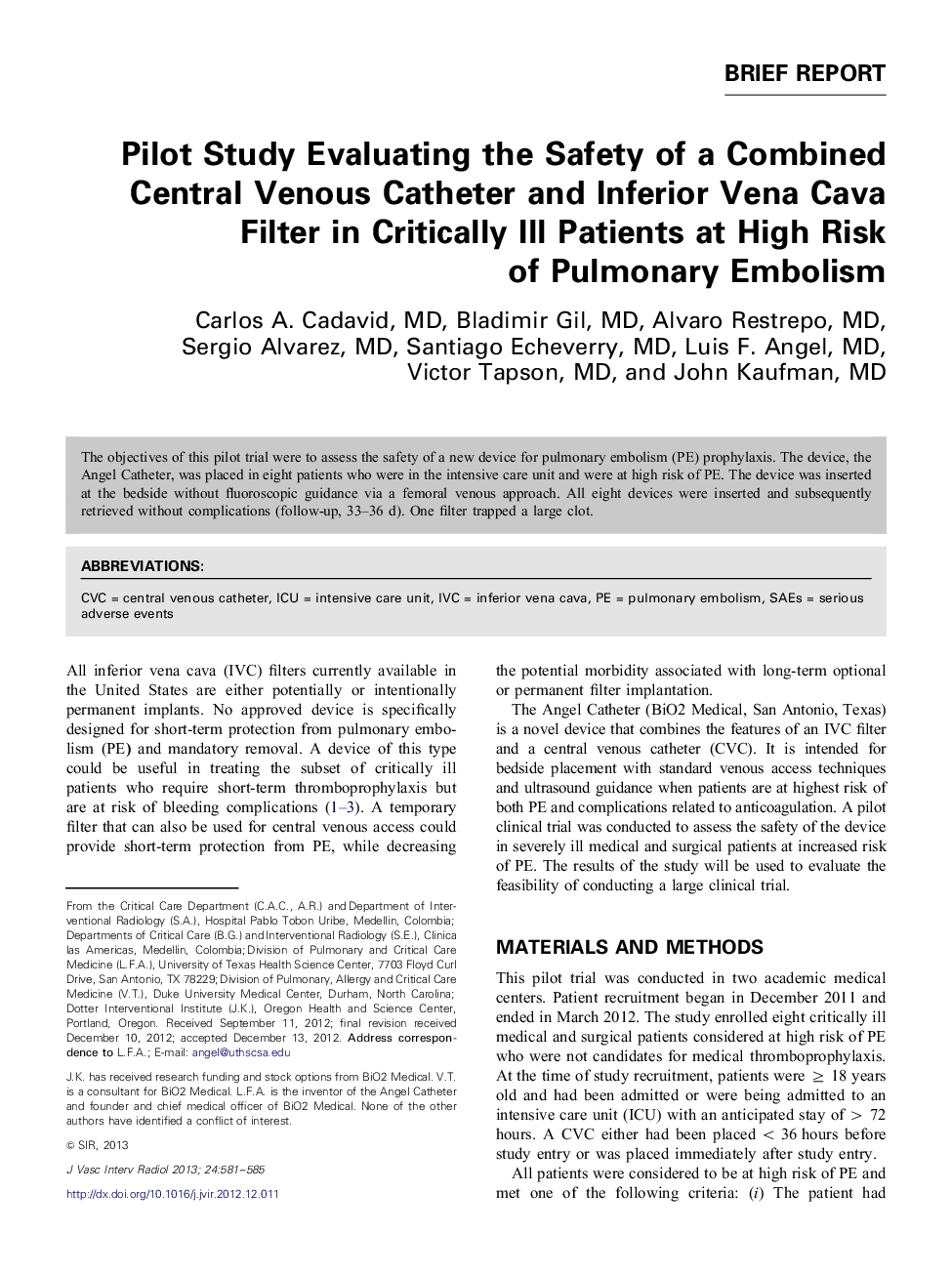 Pilot Study Evaluating the Safety of a Combined Central Venous Catheter and Inferior Vena Cava Filter in Critically Ill Patients at High Risk of Pulmonary Embolism