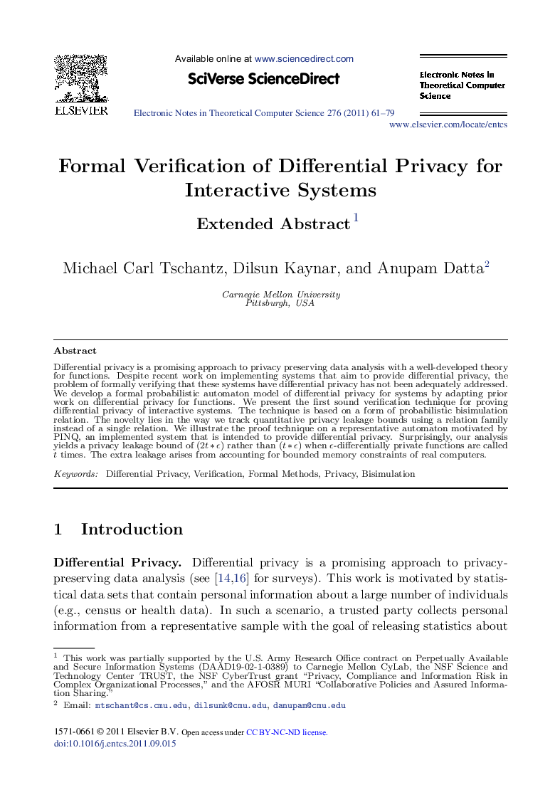 Formal Verification of Differential Privacy for Interactive Systems (Extended Abstract) 