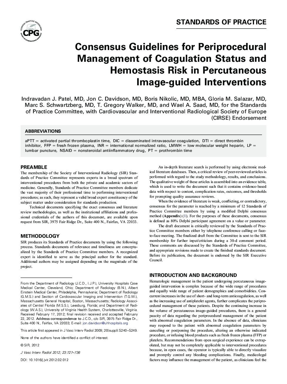 Consensus Guidelines for Periprocedural Management of Coagulation Status and Hemostasis Risk in Percutaneous Image-guided Interventions