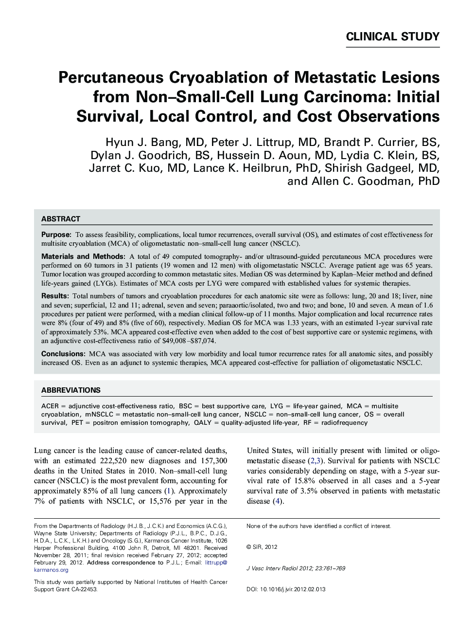 Percutaneous Cryoablation of Metastatic Lesions from Non-Small-Cell Lung Carcinoma: Initial Survival, Local Control, and Cost Observations