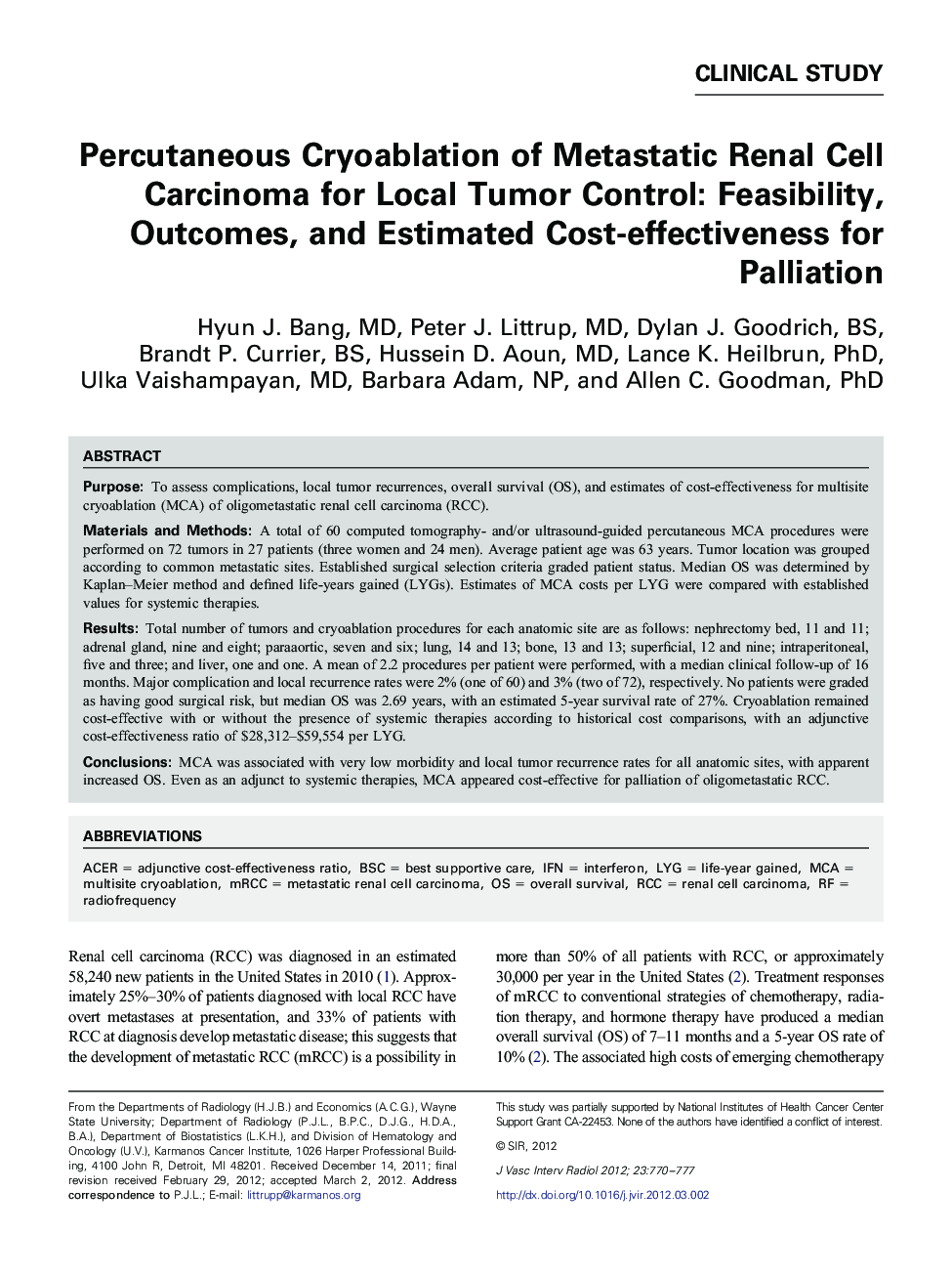 Percutaneous Cryoablation of Metastatic Renal Cell Carcinoma for Local Tumor Control: Feasibility, Outcomes, and Estimated Cost-effectiveness for Palliation