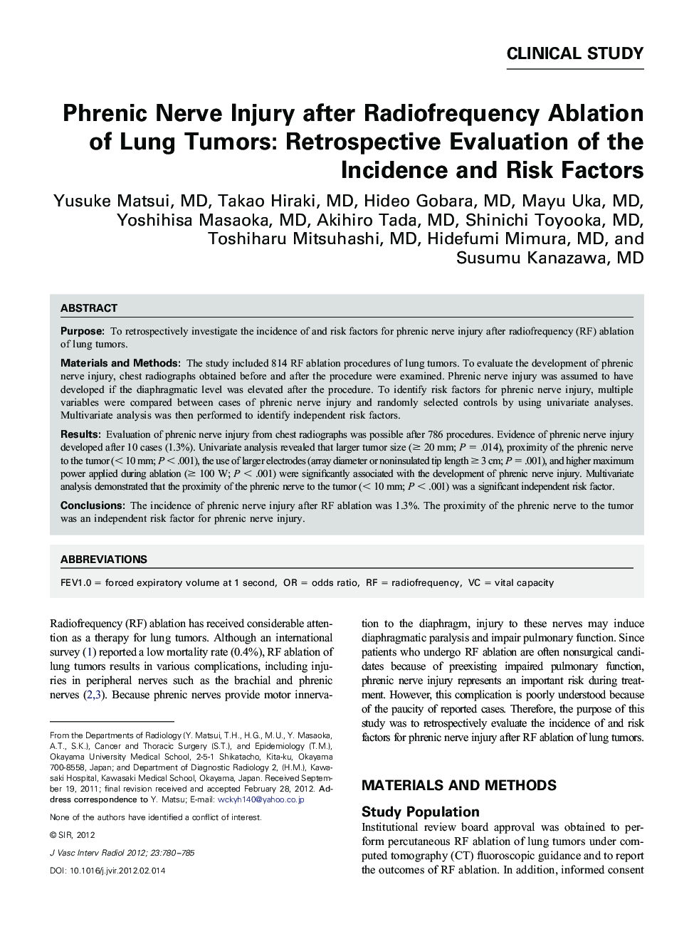 Phrenic Nerve Injury after Radiofrequency Ablation of Lung Tumors: Retrospective Evaluation of the Incidence and Risk Factors