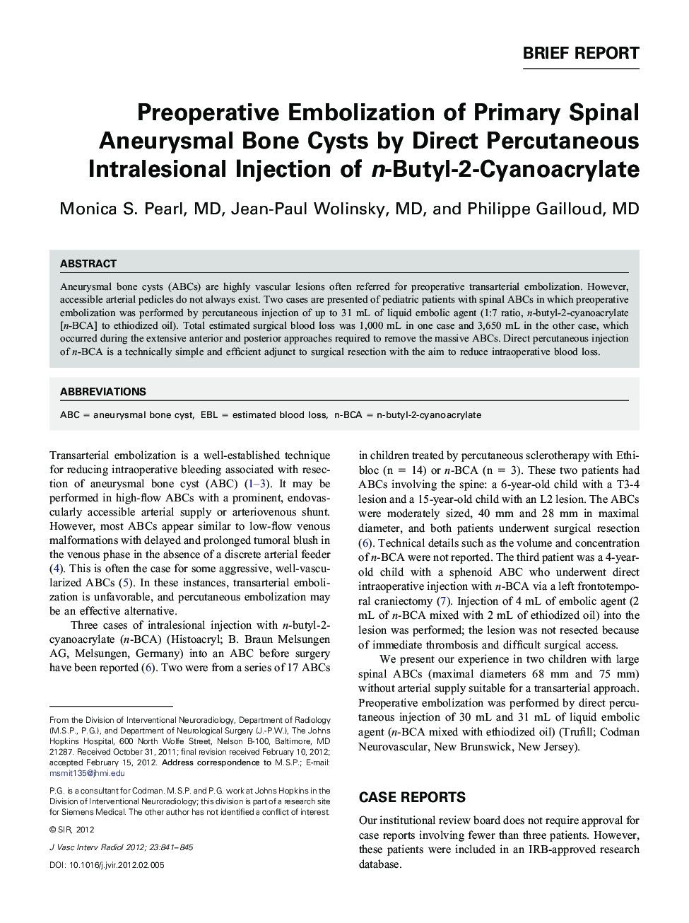 Preoperative Embolization of Primary Spinal Aneurysmal Bone Cysts by Direct Percutaneous Intralesional Injection of n-Butyl-2-Cyanoacrylate