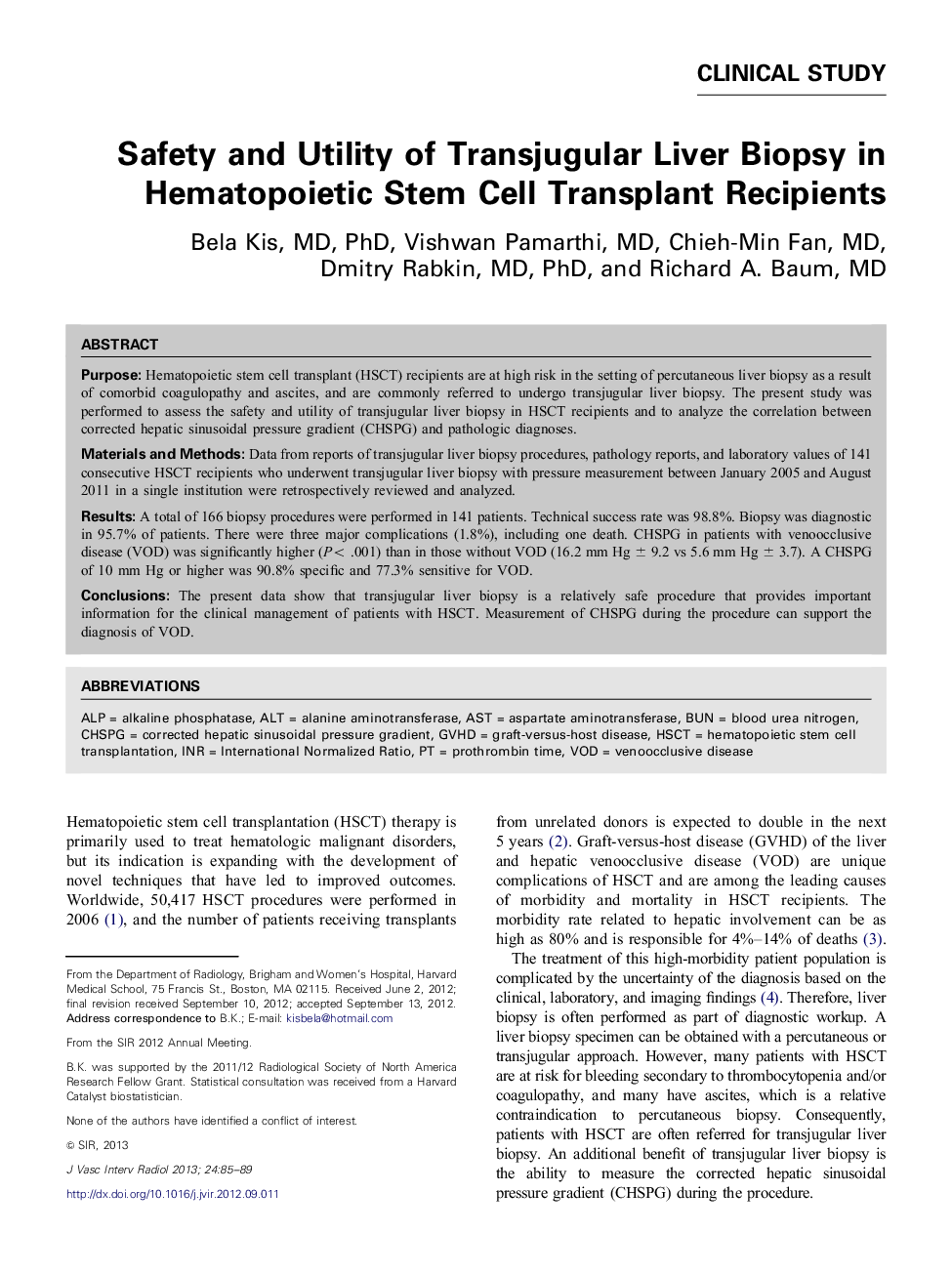 Safety and Utility of Transjugular Liver Biopsy in Hematopoietic Stem Cell Transplant Recipients