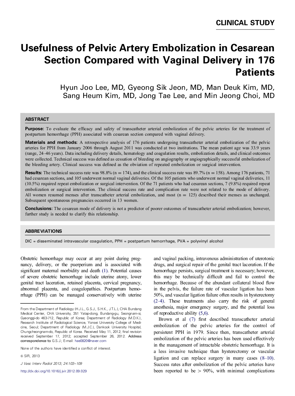 Usefulness of Pelvic Artery Embolization in Cesarean Section Compared with Vaginal Delivery in 176 Patients