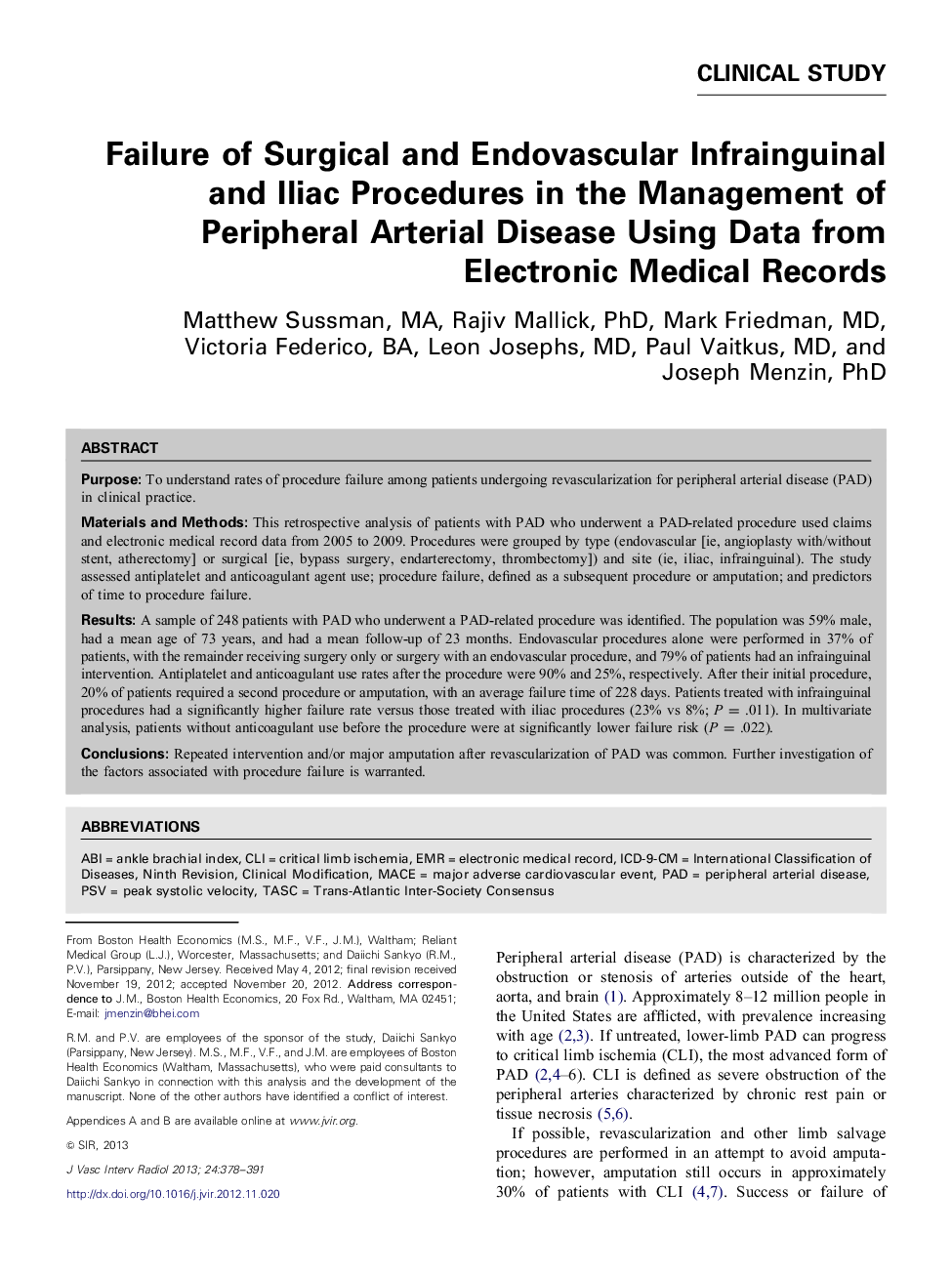 Failure of Surgical and Endovascular Infrainguinal and Iliac Procedures in the Management of Peripheral Arterial Disease Using Data from Electronic Medical Records