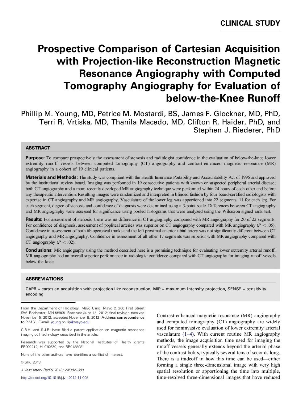 Prospective Comparison of Cartesian Acquisition with Projection-like Reconstruction Magnetic Resonance Angiography with Computed Tomography Angiography for Evaluation of below-the-Knee Runoff