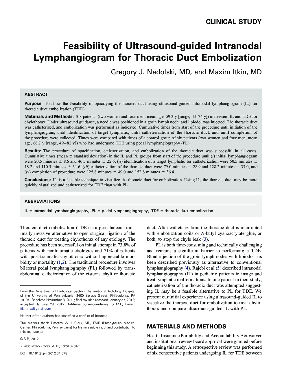 Feasibility of Ultrasound-guided Intranodal Lymphangiogram for Thoracic Duct Embolization