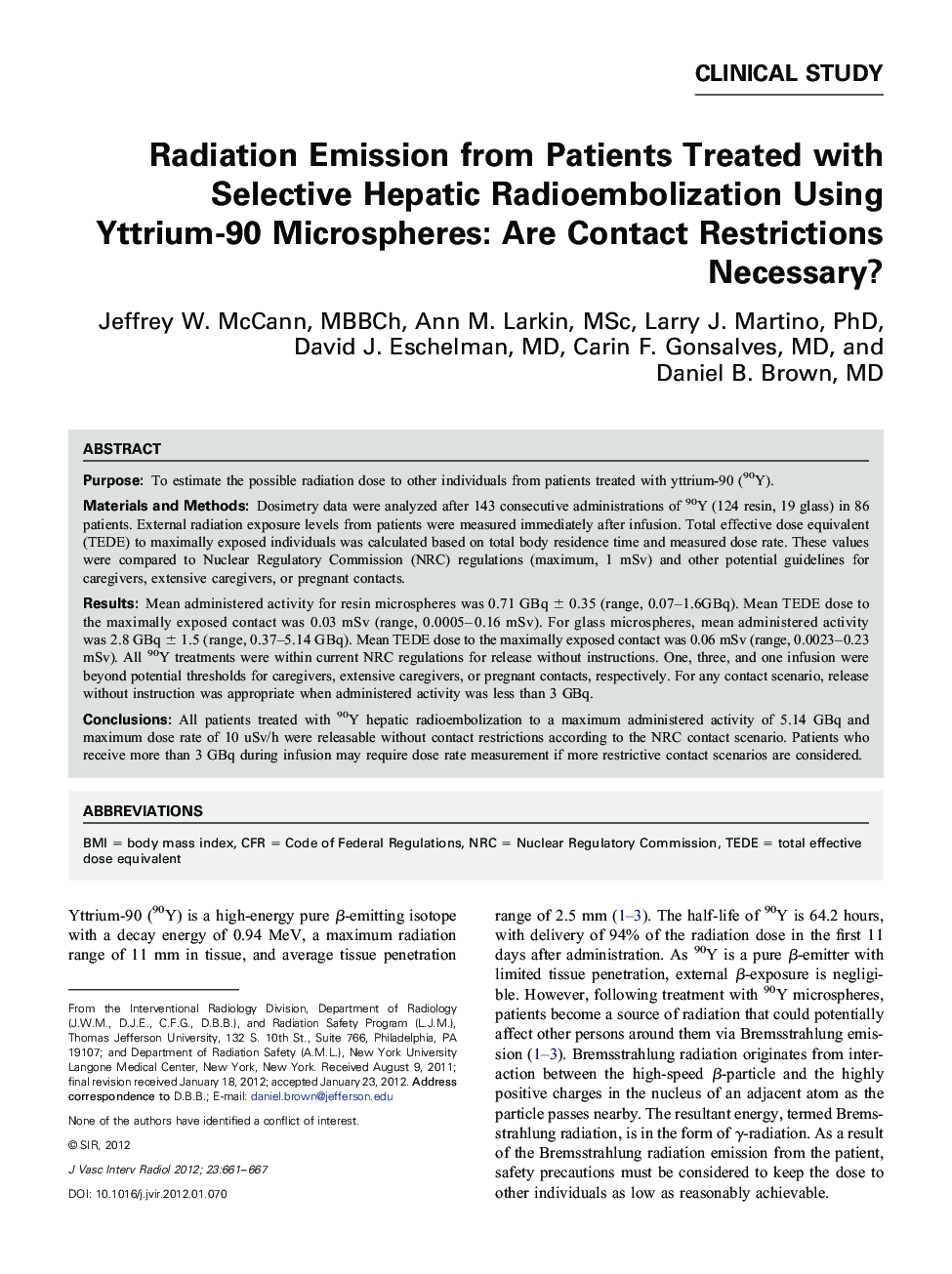 Radiation Emission from Patients Treated with Selective Hepatic Radioembolization Using Yttrium-90 Microspheres: Are Contact Restrictions Necessary?