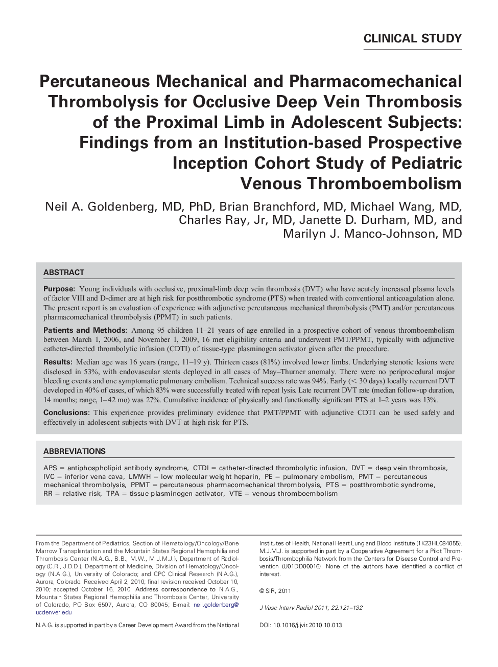 Percutaneous Mechanical and Pharmacomechanical Thrombolysis for Occlusive Deep Vein Thrombosis of the Proximal Limb in Adolescent Subjects: Findings from an Institution-based Prospective Inception Cohort Study of Pediatric Venous Thromboembolism