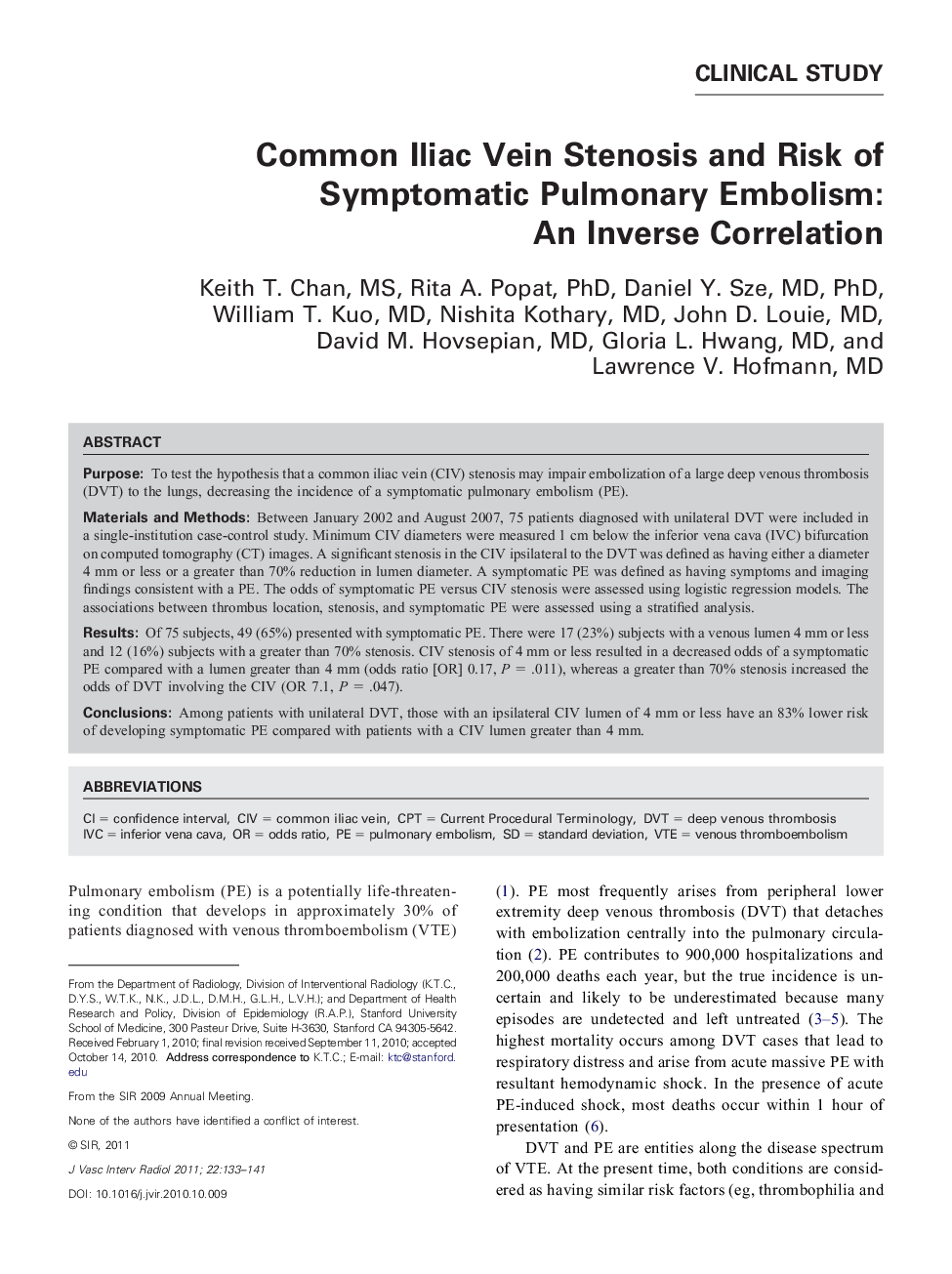 Common Iliac Vein Stenosis and Risk of Symptomatic Pulmonary Embolism: An Inverse Correlation