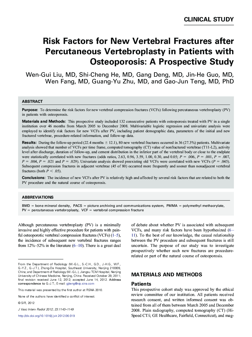Risk Factors for New Vertebral Fractures after Percutaneous Vertebroplasty in Patients with Osteoporosis: A Prospective Study