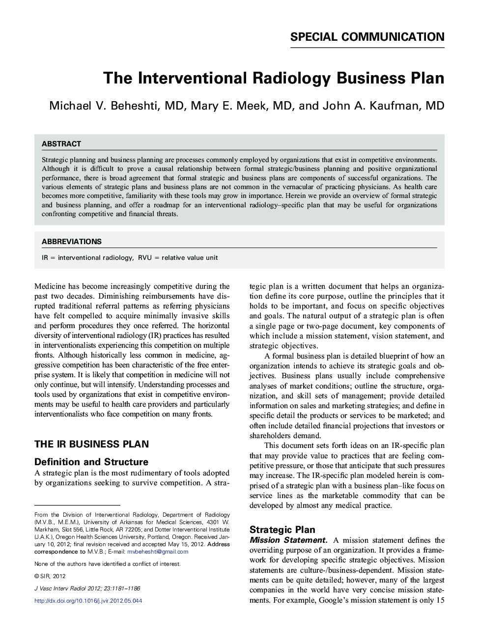 The Interventional Radiology Business Plan