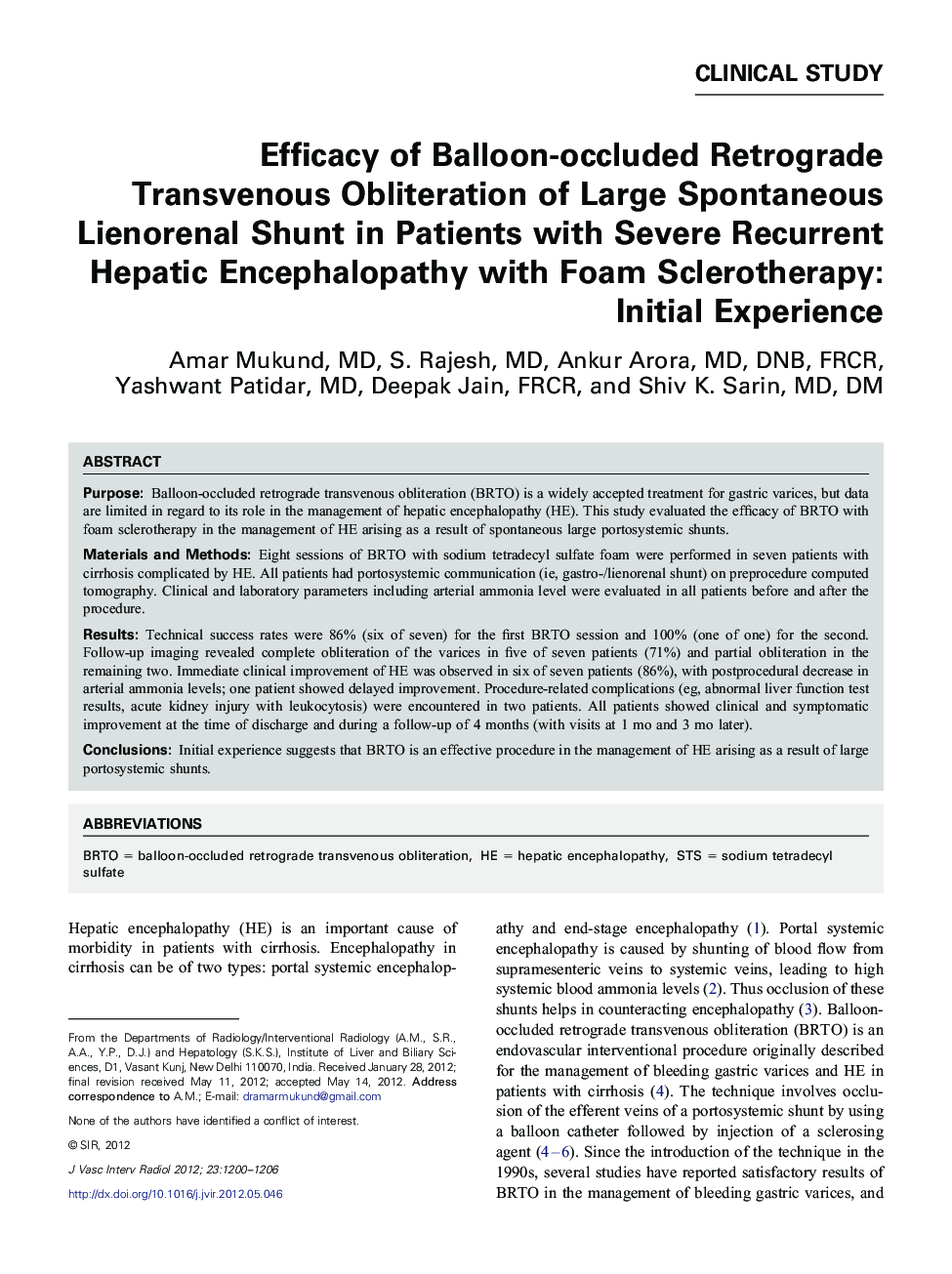 Efficacy of Balloon-occluded Retrograde Transvenous Obliteration of Large Spontaneous Lienorenal Shunt in Patients with Severe Recurrent Hepatic Encephalopathy with Foam Sclerotherapy: Initial Experience