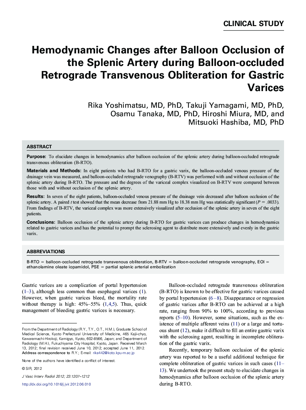 Hemodynamic Changes after Balloon Occlusion of the Splenic Artery during Balloon-occluded Retrograde Transvenous Obliteration for Gastric Varices