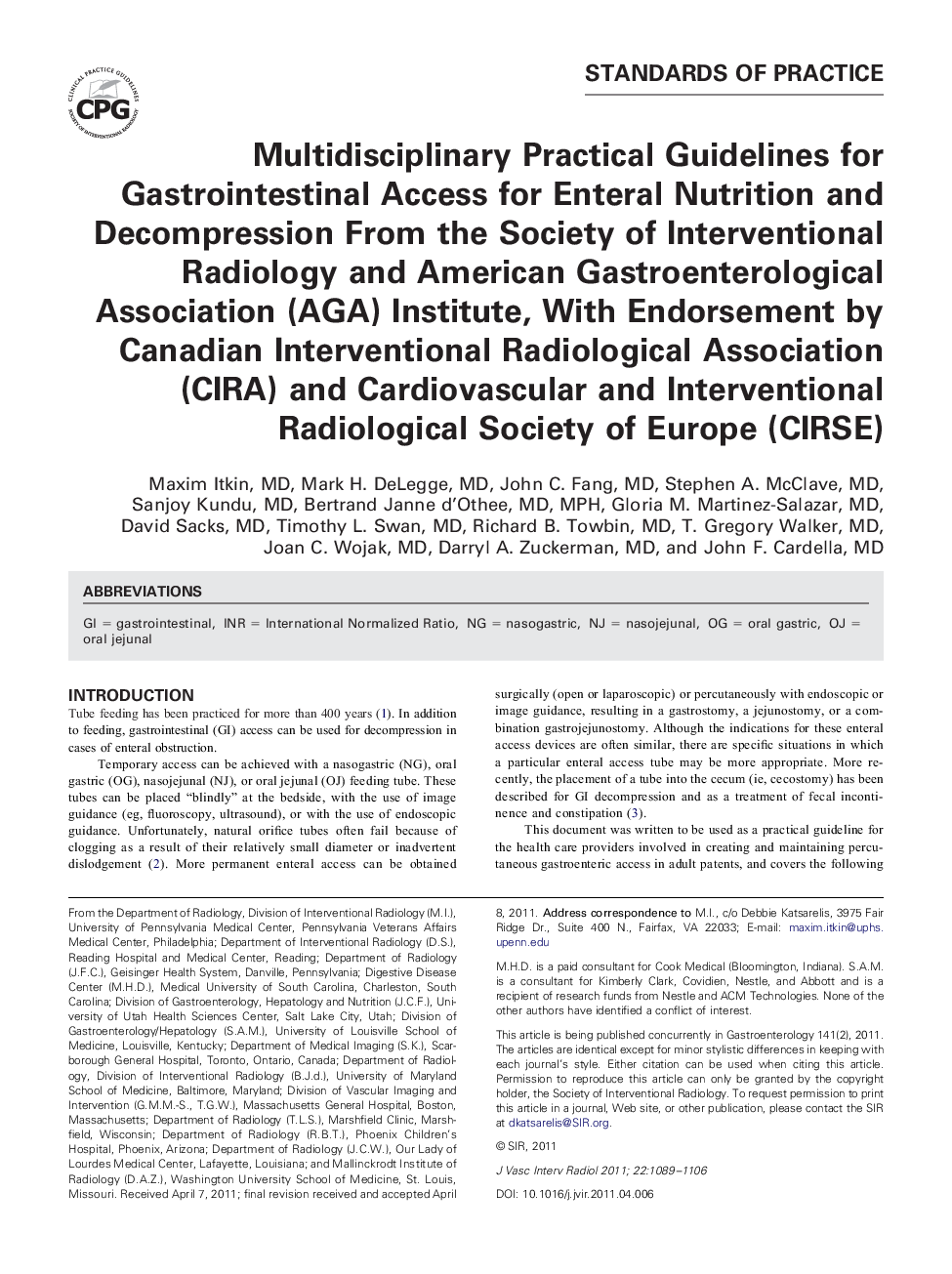 Multidisciplinary Practical Guidelines for Gastrointestinal Access for Enteral Nutrition and Decompression From the Society of Interventional Radiology and American Gastroenterological Association (AGA) Institute, With Endorsement by Canadian Intervention