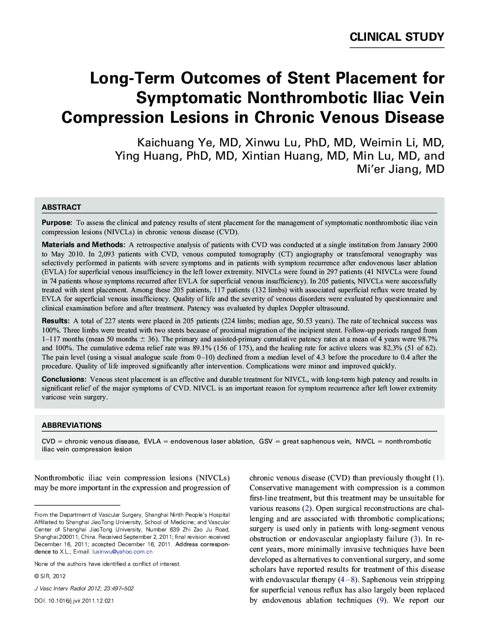 Long-Term Outcomes of Stent Placement for Symptomatic Nonthrombotic Iliac Vein Compression Lesions in Chronic Venous Disease