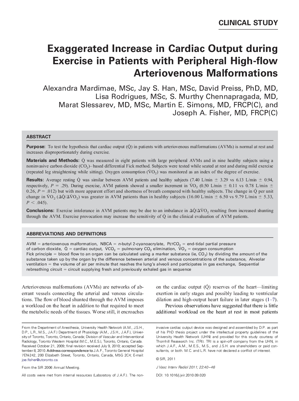 Exaggerated Increase in Cardiac Output during Exercise in Patients with Peripheral High-flow Arteriovenous Malformations