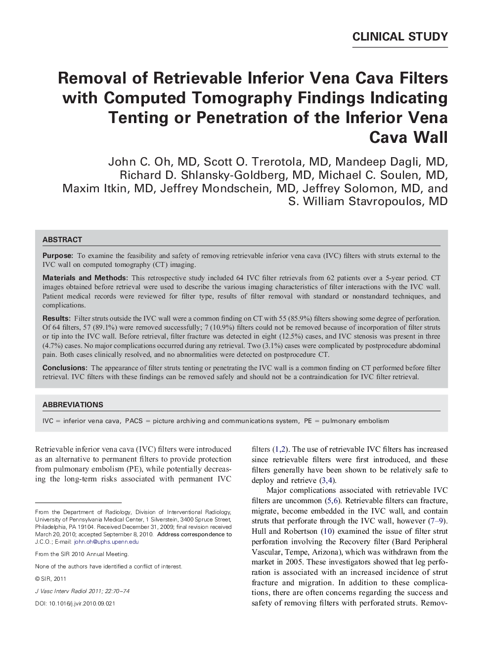 Removal of Retrievable Inferior Vena Cava Filters with Computed Tomography Findings Indicating Tenting or Penetration of the Inferior Vena Cava Wall