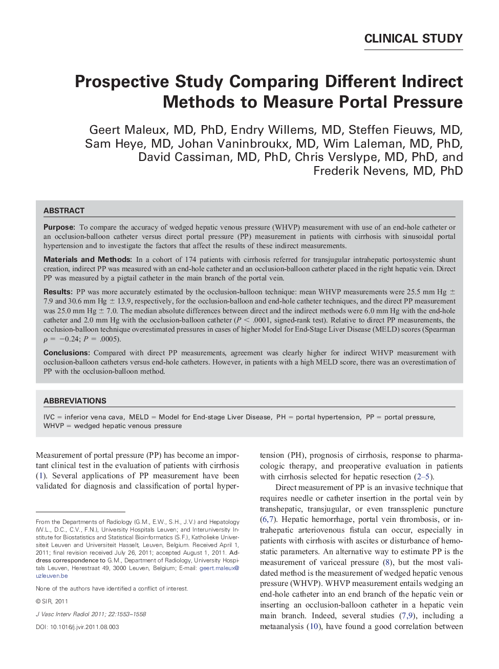 Prospective Study Comparing Different Indirect Methods to Measure Portal Pressure