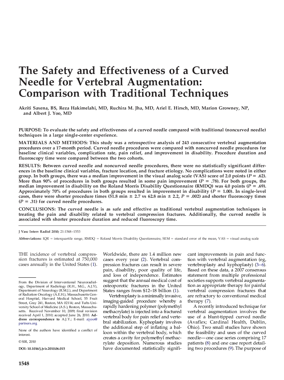 The Safety and Effectiveness of a Curved Needle for Vertebral Augmentation: Comparison with Traditional Techniques