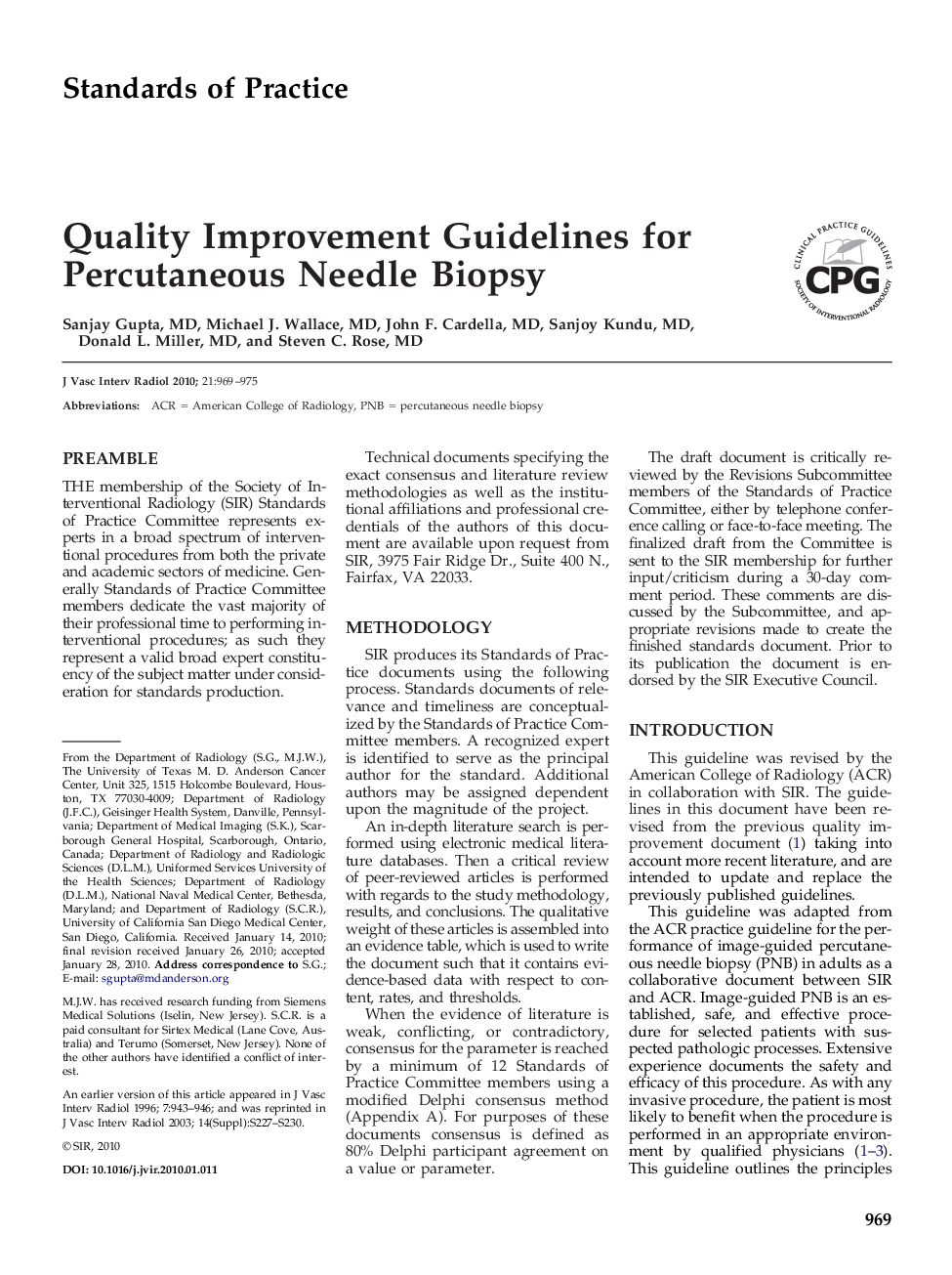 Quality Improvement Guidelines for Percutaneous Needle Biopsy